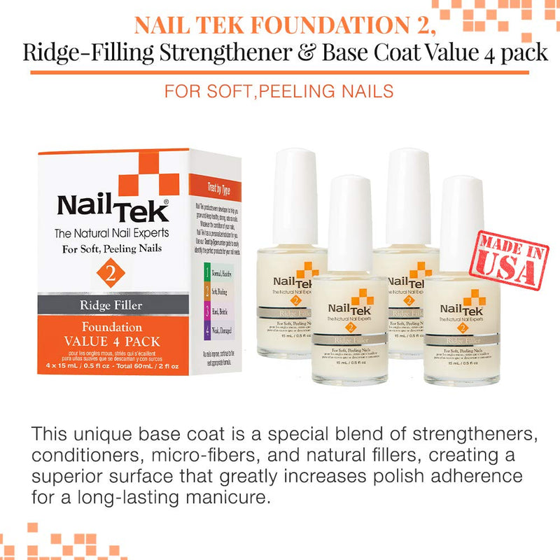 NailTek Ridge Filler 2 Value Pack - Strengthening Base Coat for Soft and Peeling Nails, 0.5oz